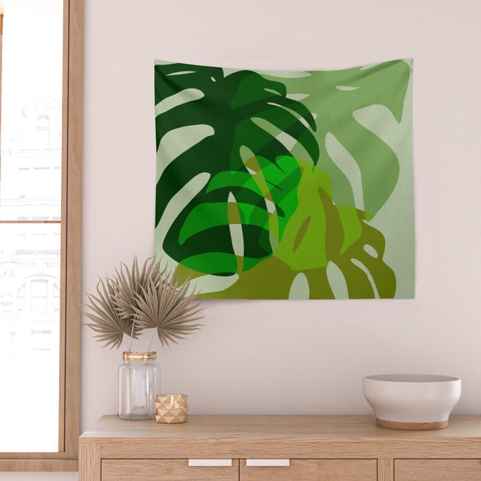 monstera leaf greenery minimal cut outs composition Wall Tapestry Gallery Image 2