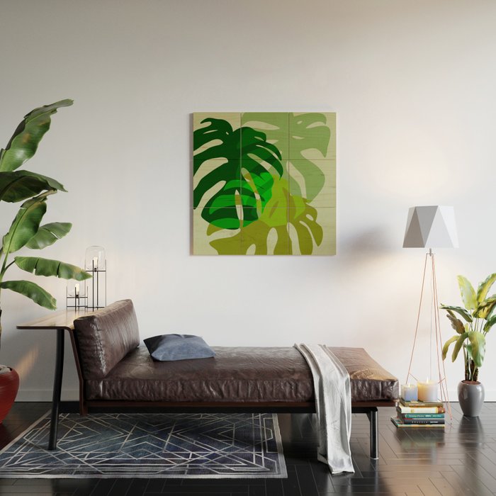monstera leaf greenery minimal cut outs composition Wood Wall Art Gallery Image 2