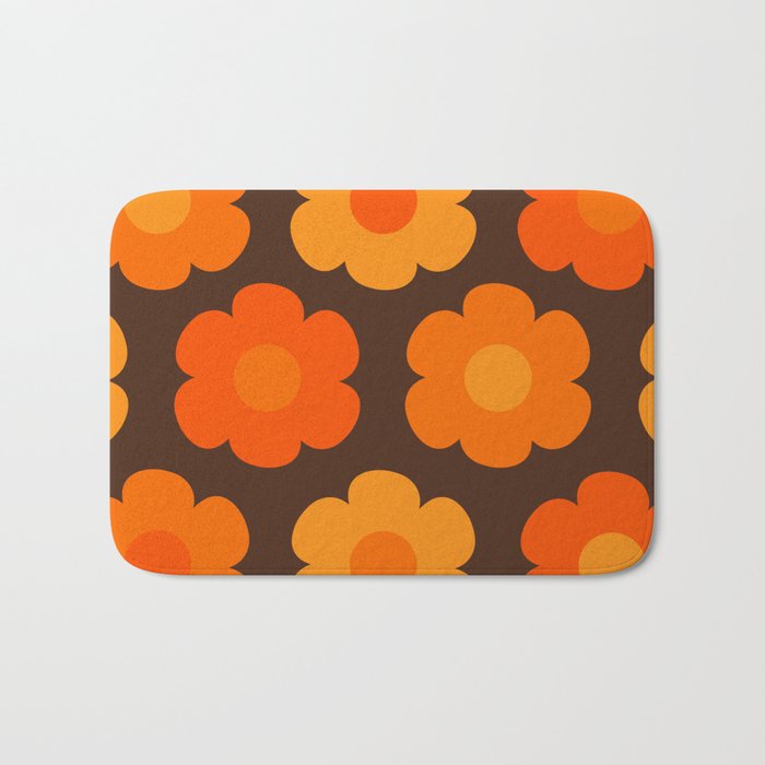 Such Cute Flowers Retro Floral Pattern in 70s Brown and Orange Bath Mat Gallery Image 1
