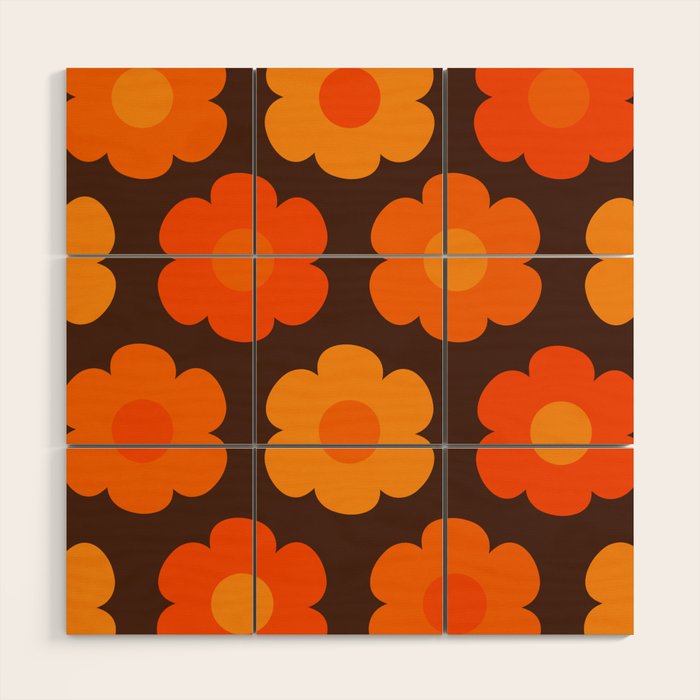Such Cute Flowers Retro Floral Pattern in 70s Brown and Orange Wood Wall Art Gallery Image 1