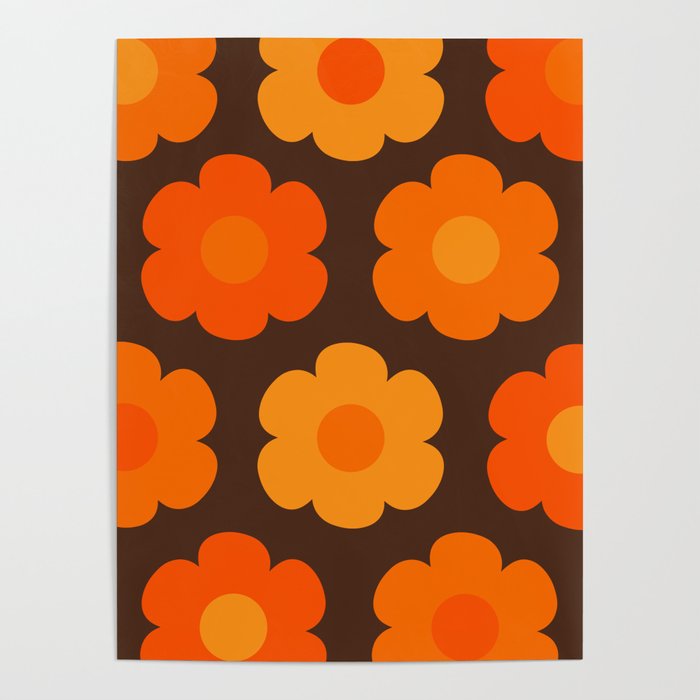 Such Cute Flowers Retro Floral Pattern in 70s Brown and Orange Poster Gallery Image 4