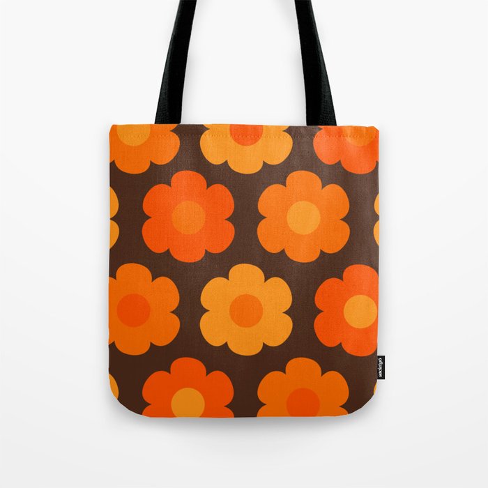 Such Cute Flowers Retro Floral Pattern in 70s Brown and Orange Tote Bag Gallery Image 1