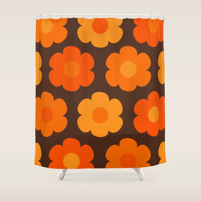 Such Cute Flowers Retro Floral Pattern in 70s Brown and Orange Shower Curtain Gallery Image 1