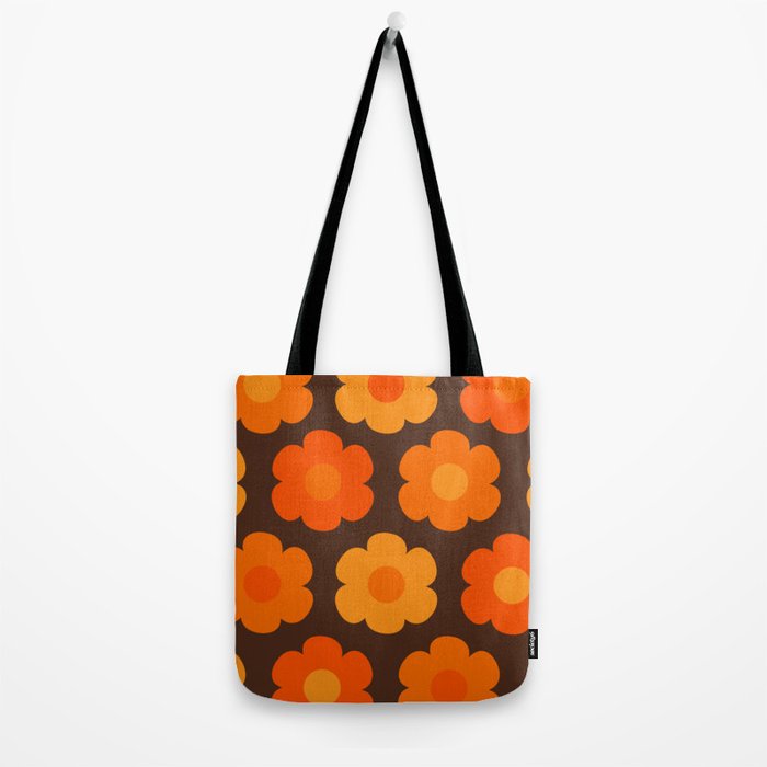Such Cute Flowers Retro Floral Pattern in 70s Brown and Orange Tote Bag Gallery Image 2