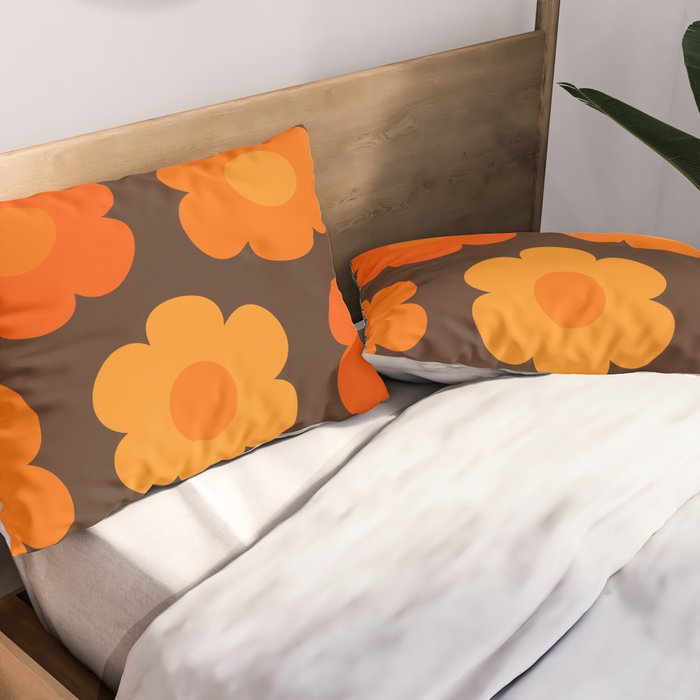 Such Cute Flowers Retro Floral Pattern in 70s Brown and Orange Pillow Sham Gallery Image 2