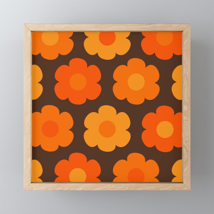 Such Cute Flowers Retro Floral Pattern in 70s Brown and Orange Mini Art Print Gallery Image 1