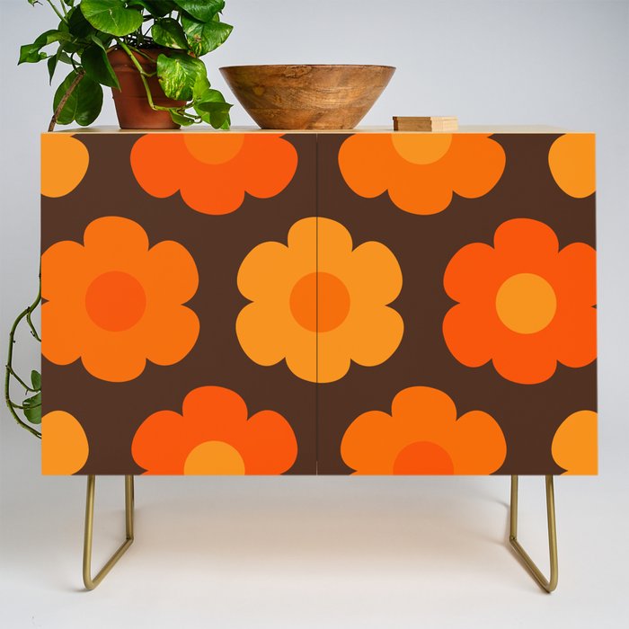 Such Cute Flowers Retro Floral Pattern in 70s Brown and Orange Credenza Gallery Image 1