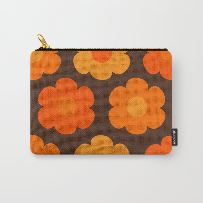 Such Cute Flowers Retro Floral Pattern in 70s Brown and Orange Carry All Pouch Gallery Image 1