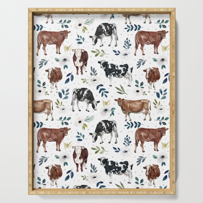Hand-painted Cows and White Flowers with Blue Accents Serving Tray Gallery Image 1