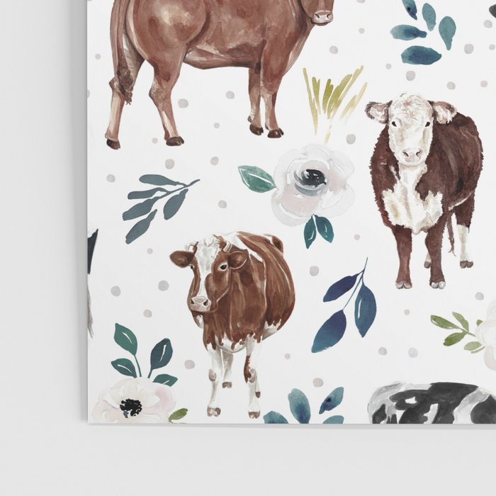 Hand-painted Cows and White Flowers with Blue Accents Poster Gallery Image 3