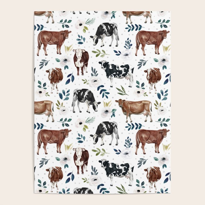 Hand-painted Cows and White Flowers with Blue Accents Poster Gallery Image 4