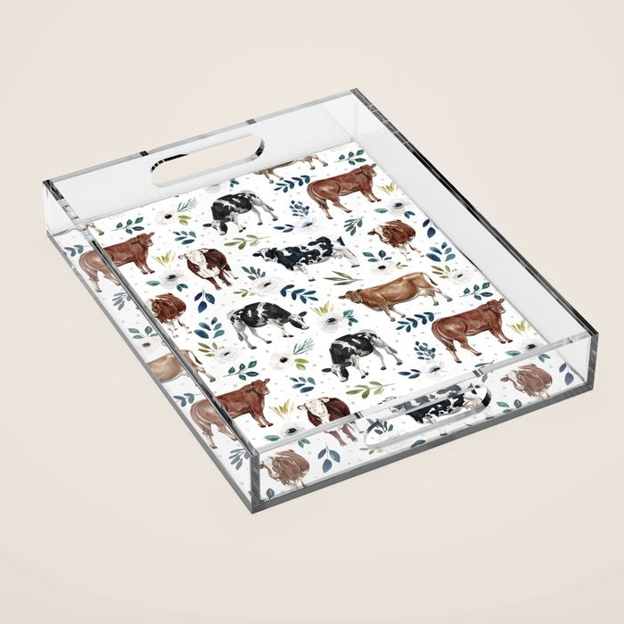 Hand-painted Cows and White Flowers with Blue Accents Acrylic Tray Gallery Image 1
