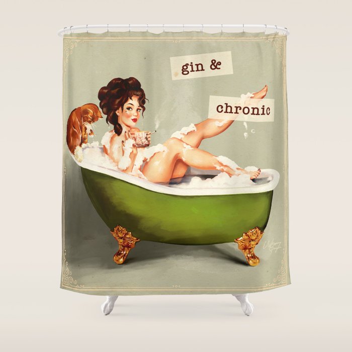 Gin & Chronic: Pin Up Girl & Cat Shower Curtain Gallery Image 1