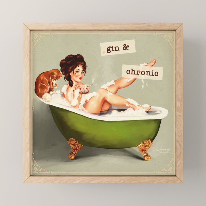Gin & Chronic: Pin Up Girl & Cat Mini Art Print Gallery Image 1