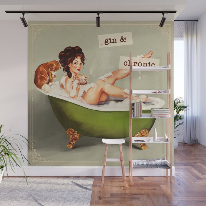 Gin & Chronic: Pin Up Girl & Cat Wall Mural Gallery Image 1