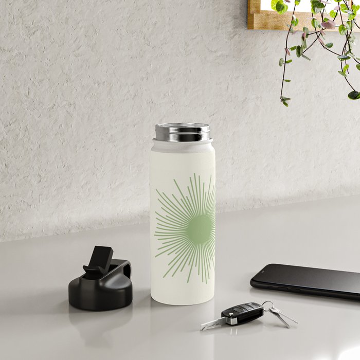 Sun - Mid Century Modern Minimalist Sun and Sun Rays in Light Sage Green & Cream Water Bottle Gallery Image 4