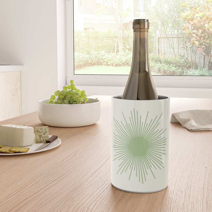 Sun - Mid Century Modern Minimalist Sun and Sun Rays in Light Sage Green & Cream Wine Chiller Gallery Image 4