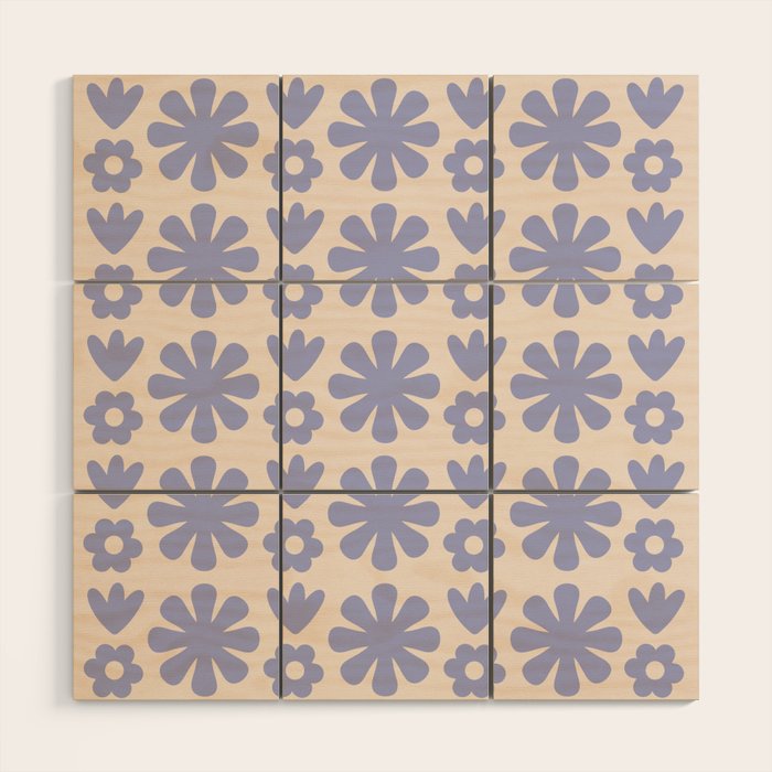 Scandi Floral Grid Retro Flower Pattern in Light Periwinkle Purple and Cream Wood Wall Art Gallery Image 1