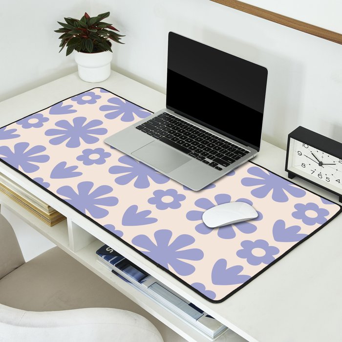 Scandi Floral Grid Retro Flower Pattern in Light Periwinkle Purple and Cream Desk Mat Gallery Image 2