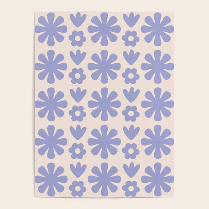 Scandi Floral Grid Retro Flower Pattern in Light Periwinkle Purple and Cream Poster Gallery Image 4