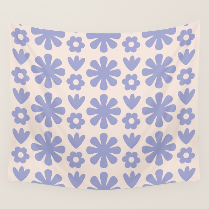 Scandi Floral Grid Retro Flower Pattern in Light Periwinkle Purple and Cream Wall Tapestry Gallery Image 1