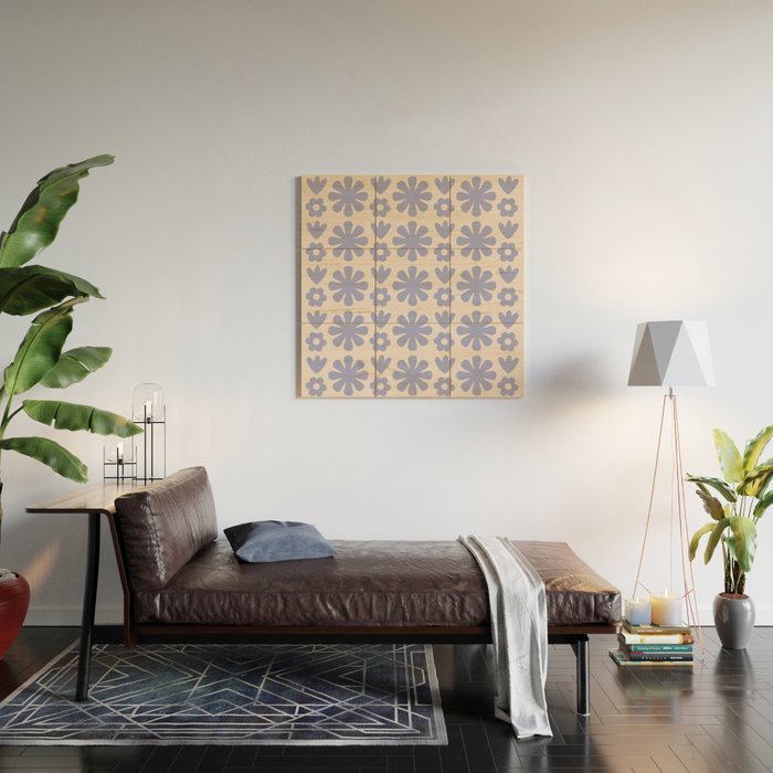 Scandi Floral Grid Retro Flower Pattern in Light Periwinkle Purple and Cream Wood Wall Art Gallery Image 2
