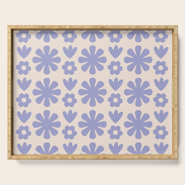 Scandi Floral Grid Retro Flower Pattern in Light Periwinkle Purple and Cream Serving Tray Gallery Image 1