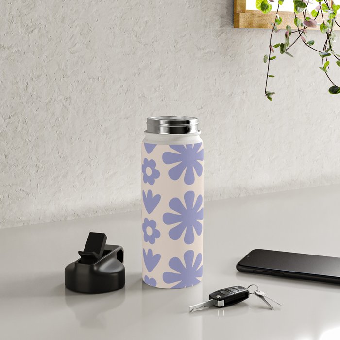 Scandi Floral Grid Retro Flower Pattern in Light Periwinkle Purple and Cream Water Bottle Gallery Image 4