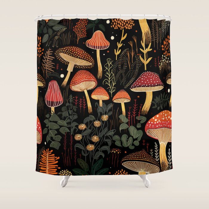 Dark Forest Magic Mushrooms Art Shower Curtain Gallery Image 1