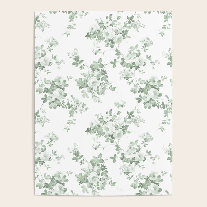Elegant vintage green white roses shabby floral Poster Gallery Image 1