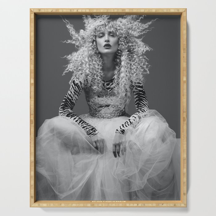 Goldilocks and the three makeup artists female fashion & glamour beautiful blond curls black and white photography - photograph - photographs Serving Tray Gallery Image 1