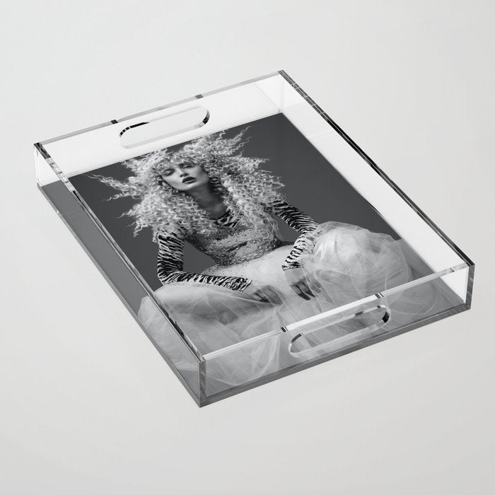 Goldilocks and the three makeup artists female fashion & glamour beautiful blond curls black and white photography - photograph - photographs Acrylic Tray Gallery Image 1