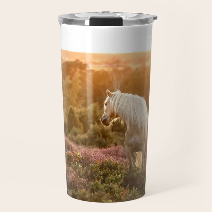 Haflinger horse on the blooming hill - Sunset equine photography Travel Mug Gallery Image 1