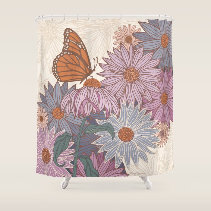 Monarch Butterfly and Wildflowers - Cream Shower Curtain Gallery Image 1