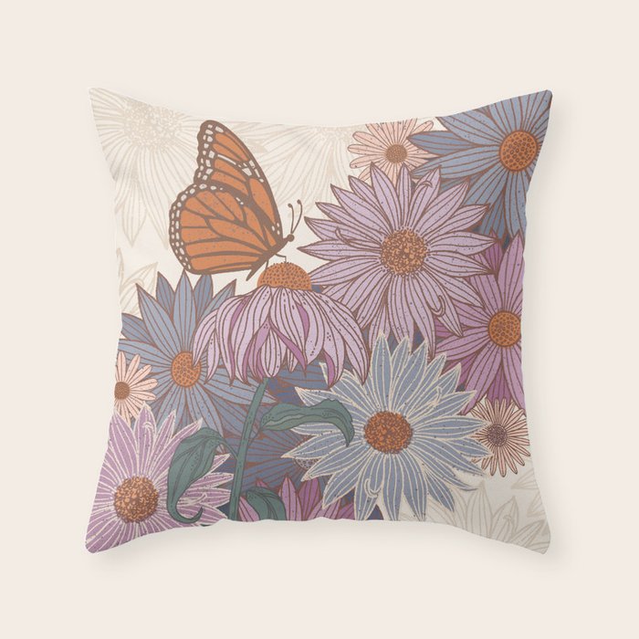 Monarch Butterfly and Wildflowers - Cream Throw Pillow Gallery Image 1