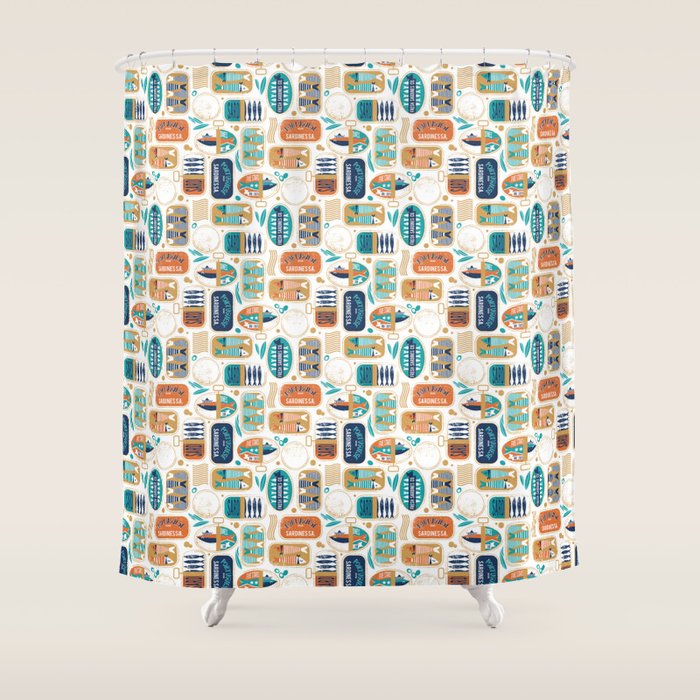 Vintage canned sardines // white background peacock teal and gold drop orange cans  Shower Curtain Gallery Image 1