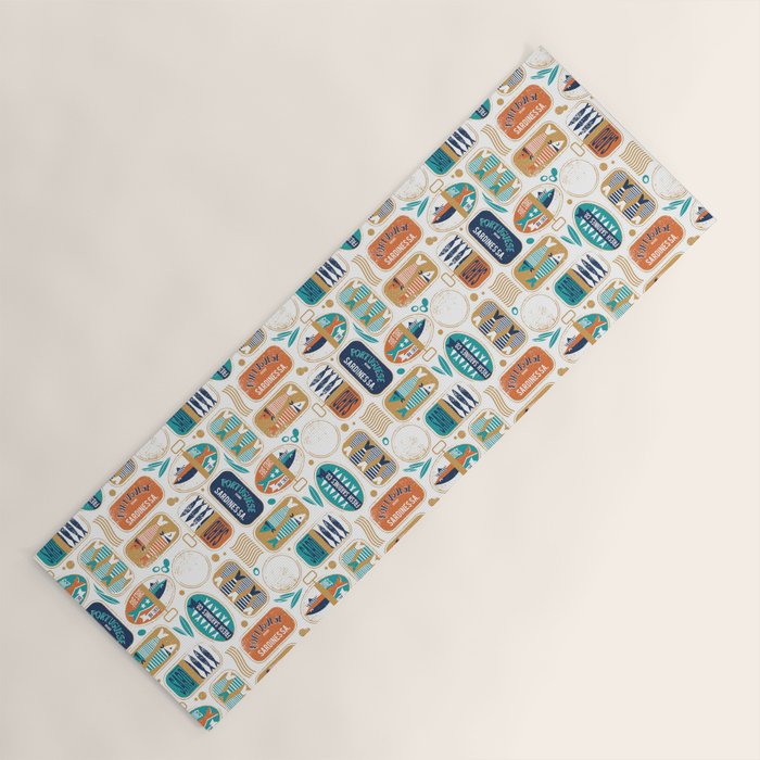 Vintage canned sardines // white background peacock teal and gold drop orange cans  Yoga Mat Gallery Image 1