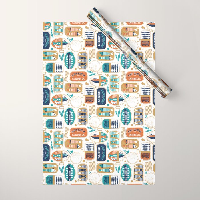 Vintage canned sardines // white background peacock teal and gold drop orange cans  Wrapping Paper Gallery Image 1