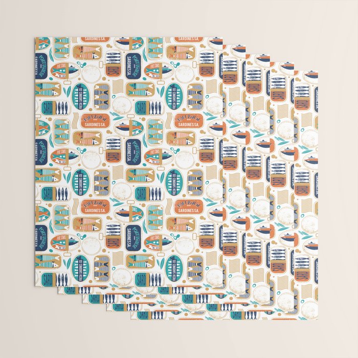 Vintage canned sardines // white background peacock teal and gold drop orange cans  Wrapping Paper Gallery Image 3