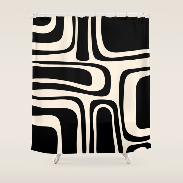 Palm Springs - Midcentury Modern Abstract Pattern in Black and Almond Cream  Shower Curtain Gallery Image 1