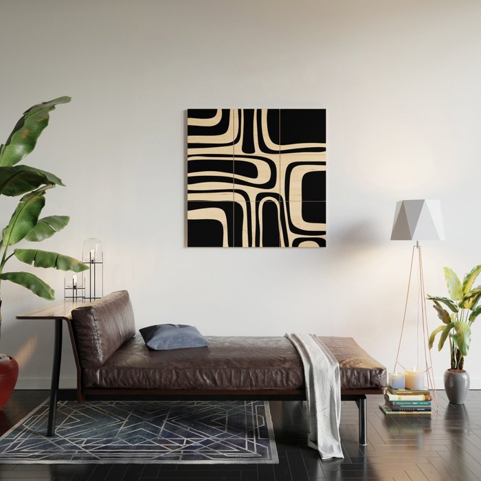 Palm Springs - Midcentury Modern Abstract Pattern in Black and Almond Cream  Wood Wall Art Gallery Image 2