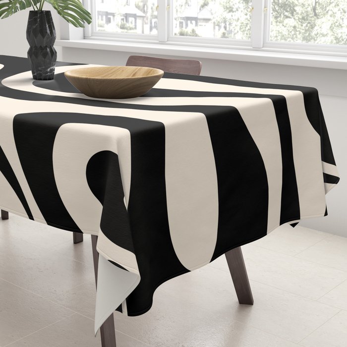 Mod Swirl Retro Abstract Pattern in Black and Almond Cream Tablecloth Gallery Image 3