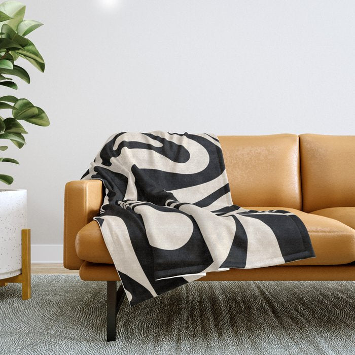 Mod Swirl Retro Abstract Pattern in Black and Almond Cream Throw Blanket Gallery Image 1