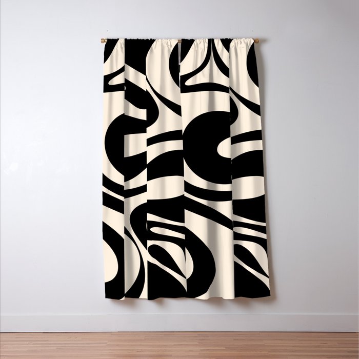 Mod Swirl Retro Abstract Pattern in Black and Almond Cream Window Curtain Gallery Image 3
