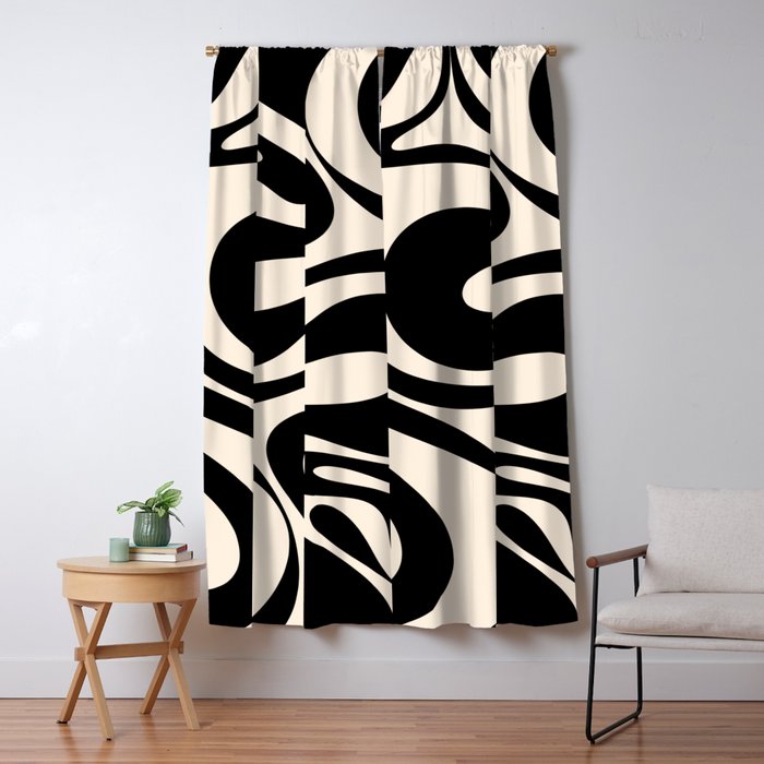 Mod Swirl Retro Abstract Pattern in Black and Almond Cream Window Curtain Gallery Image 5