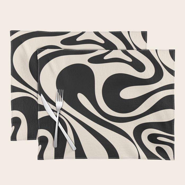Mod Swirl Retro Abstract Pattern in Black and Almond Cream Placemat Gallery Image 1