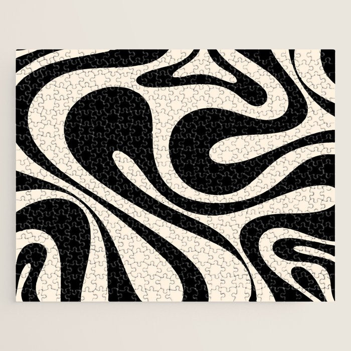 Mod Swirl Retro Abstract Pattern in Black and Almond Cream Jigsaw Puzzle Gallery Image 1