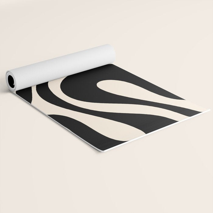 Mod Swirl Retro Abstract Pattern in Black and Almond Cream Yoga Mat Gallery Image 2