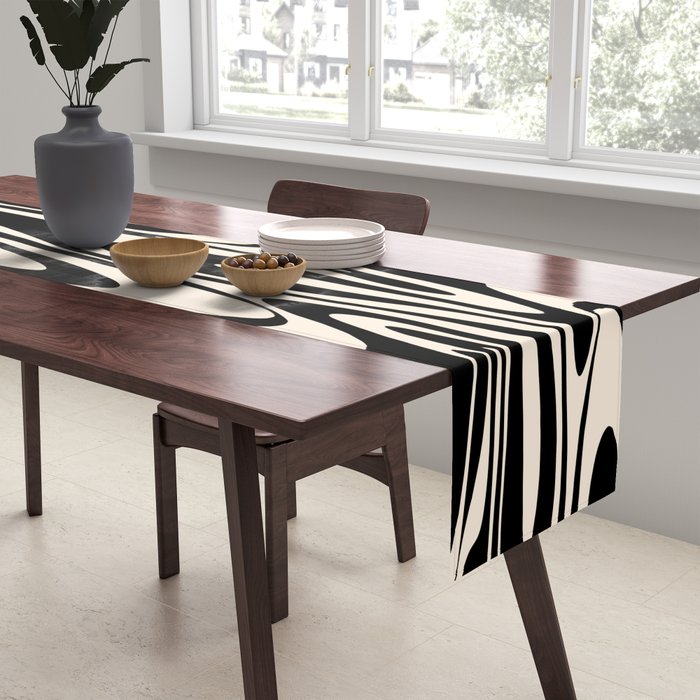 Mod Swirl Retro Abstract Pattern in Black and Almond Cream Table Runner Gallery Image 2