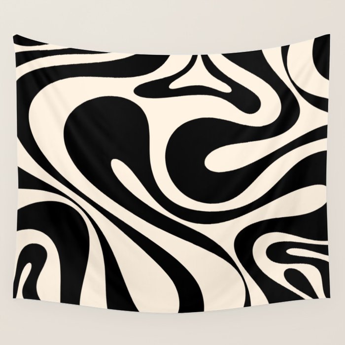 Mod Swirl Retro Abstract Pattern in Black and Almond Cream Wall Tapestry Gallery Image 4